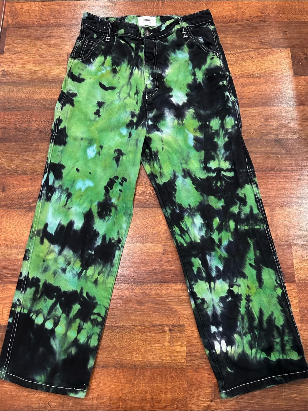 Ami Paris Mens Green Black Tie-dye Loose Fit Jeans Size 33 Alex Fit 100% Cotton